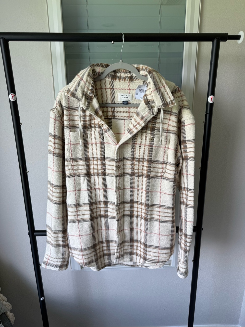 American Eagle Outfitters Cream and Brown Plaid Button-Up Hooded Shirt